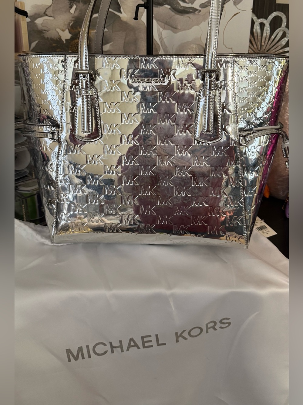 MICHAEL KORS Metallic Silver Logo Embossed Tote  NWT B12